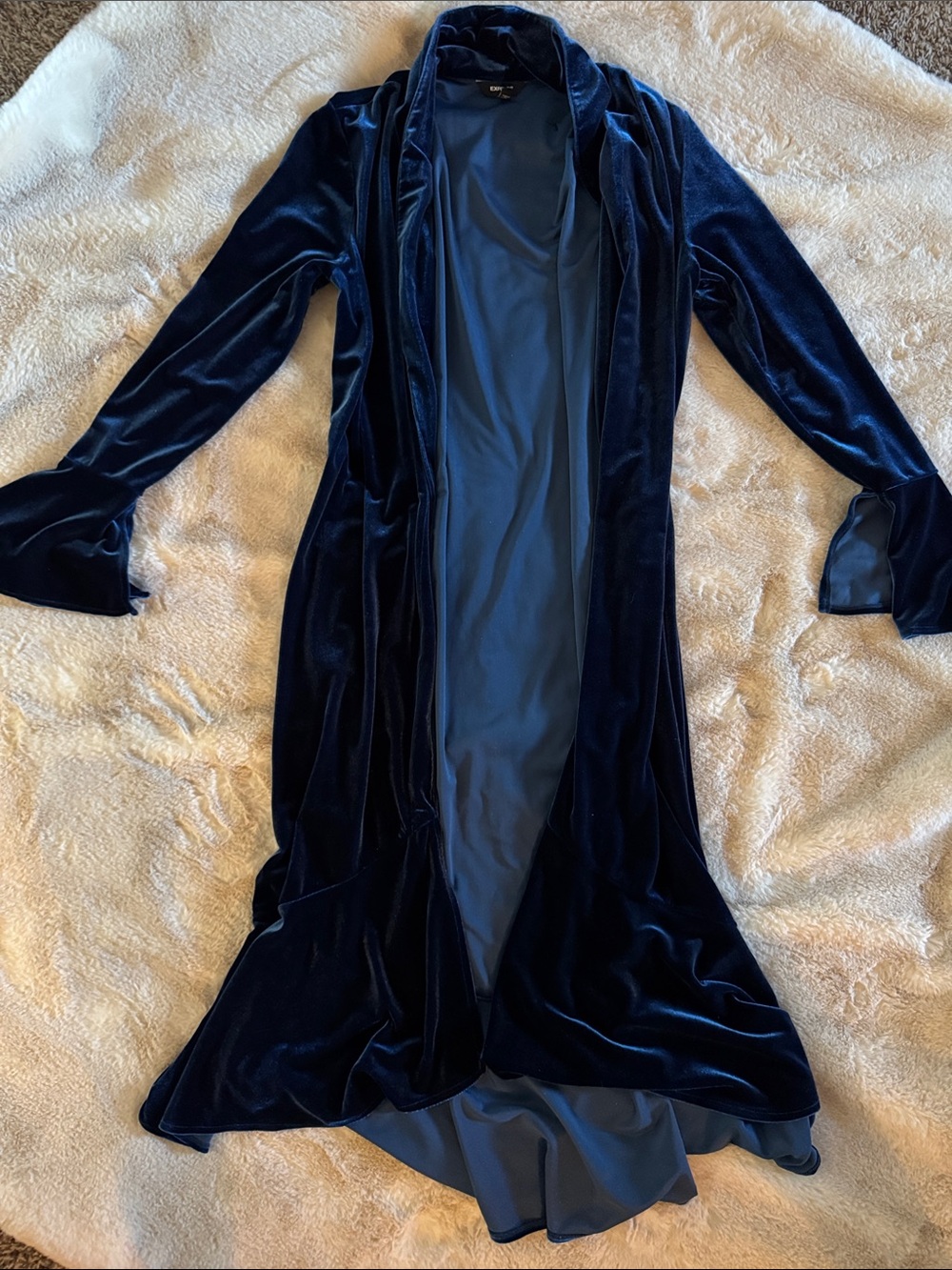 Express Deep Navy Velvet Long Robe with Satin Trim